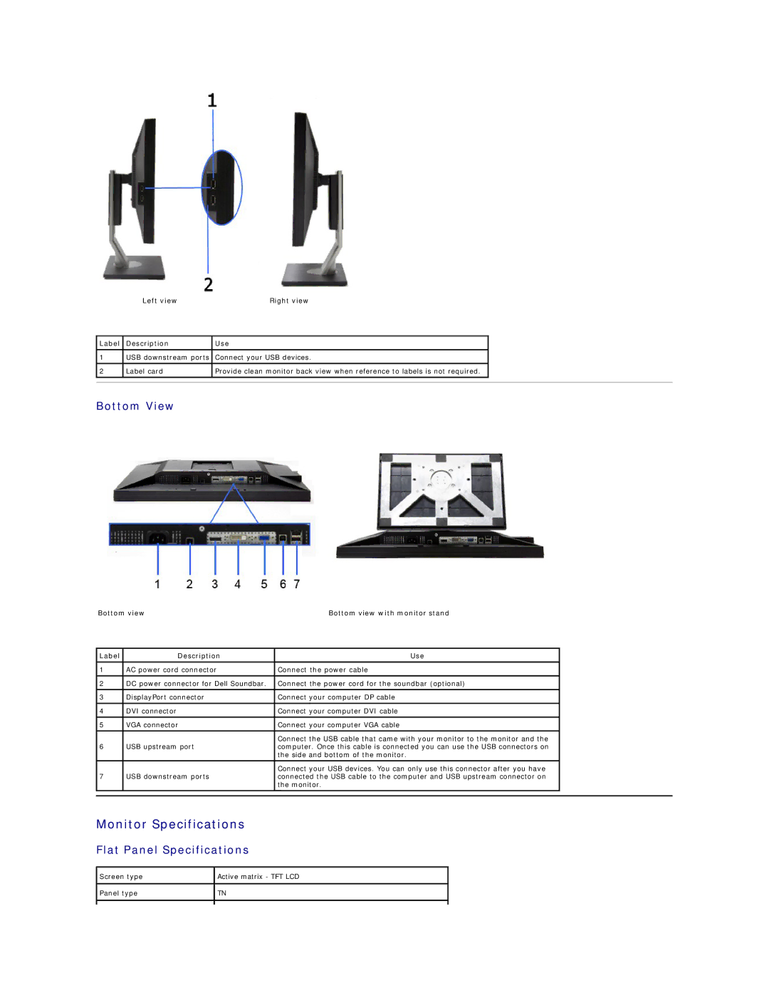 Dell P2010H Monitor Specifications, Bottom View, Flat Panel Specifications, Left view Right view Label Description Use 