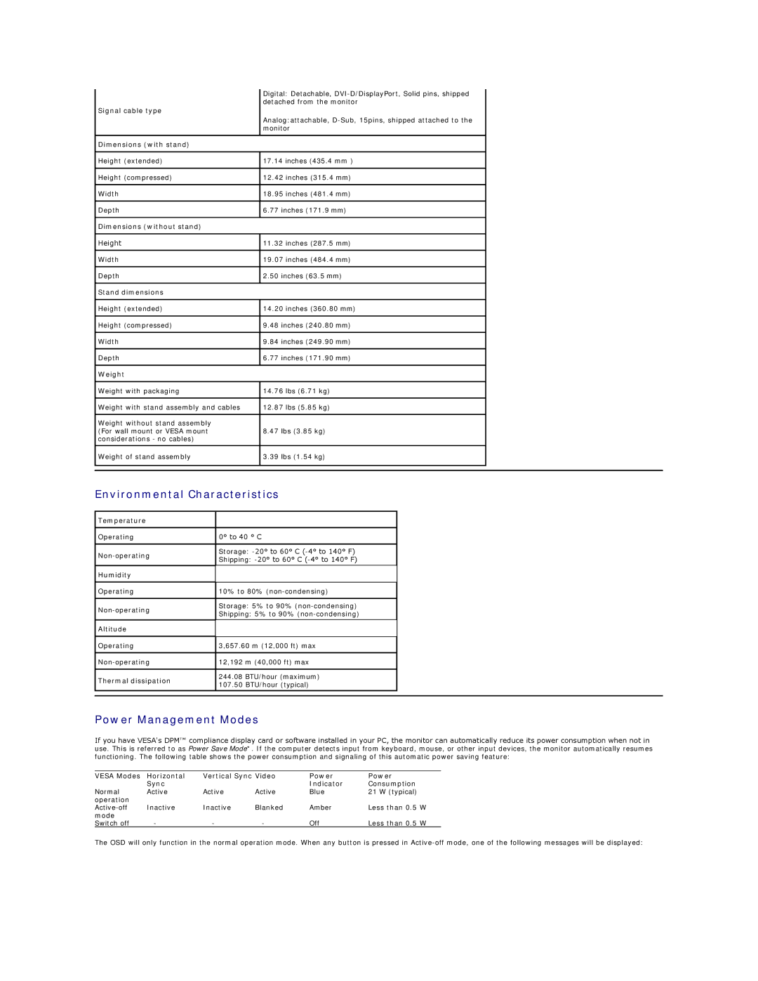 Dell P2010H appendix Environmental Characteristics, Power Management Modes 