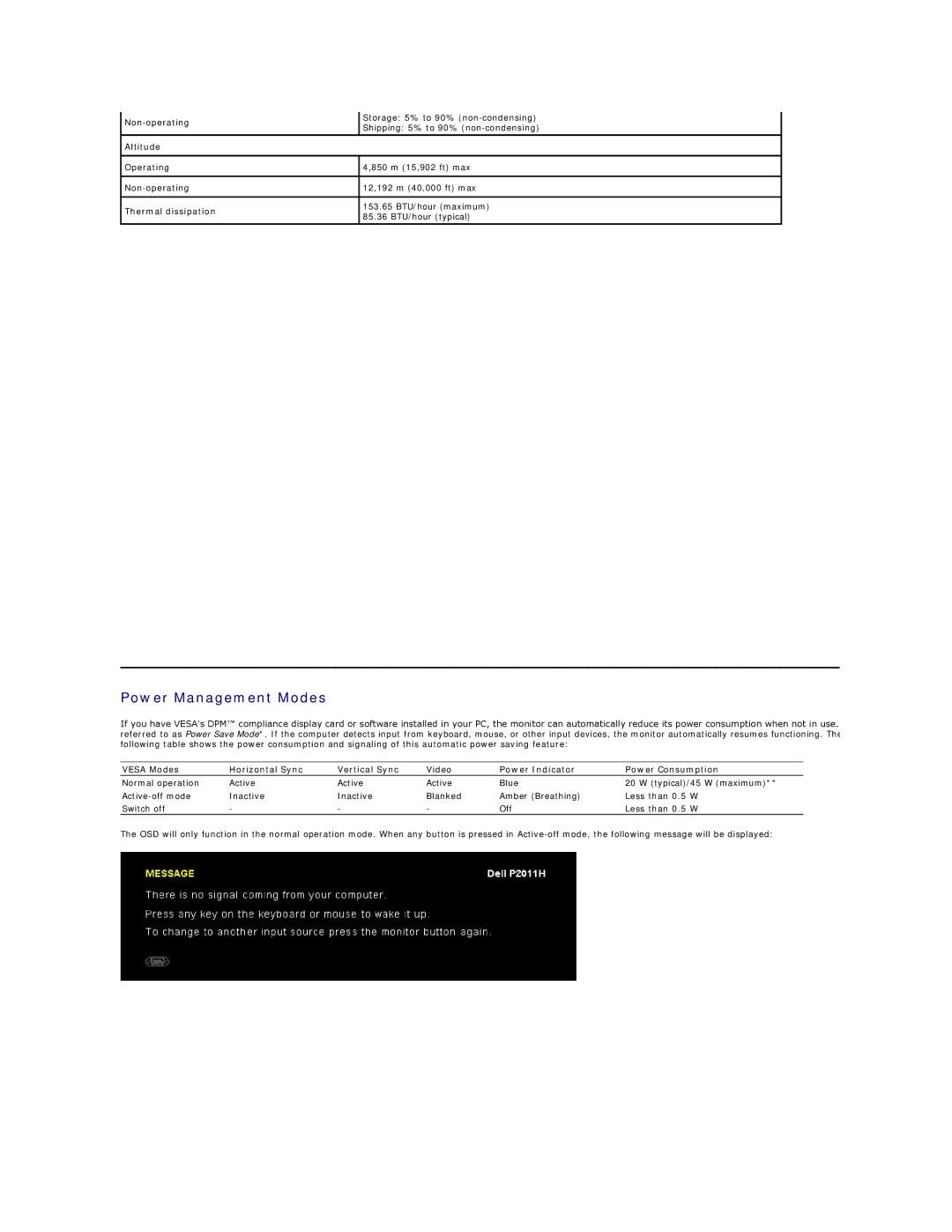 Dell P2011H appendix Power Management Modes, Altitude, Thermal dissipation 