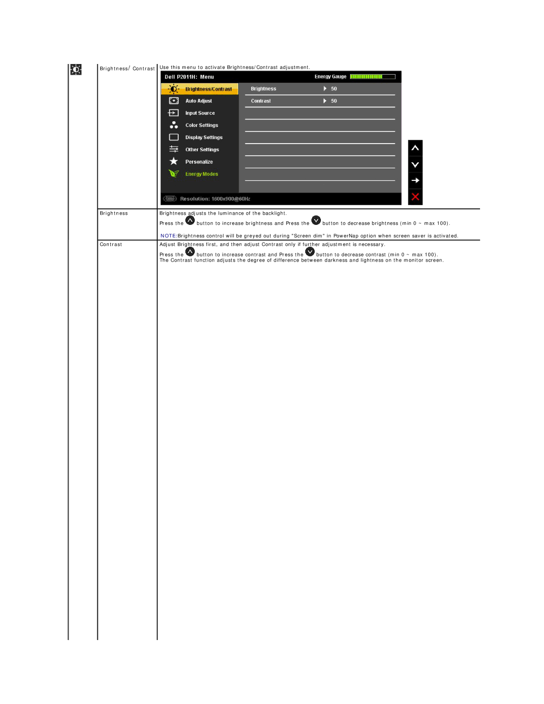 Dell P2011H appendix Brightness/Contrast 