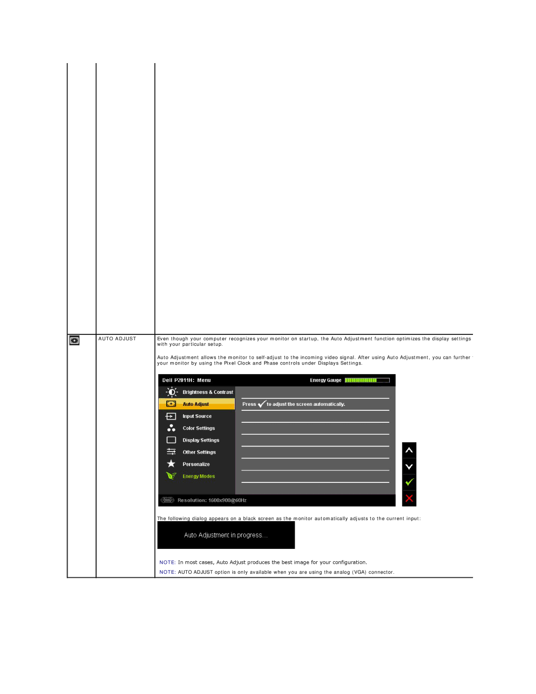 Dell P2011H appendix Auto Adjust 