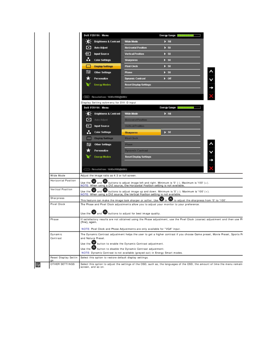 Dell P2011H Display Setting submenu for DVI-D input Wide Mode, Horizontal Position, Vertical Position, Sharpness, Phase 