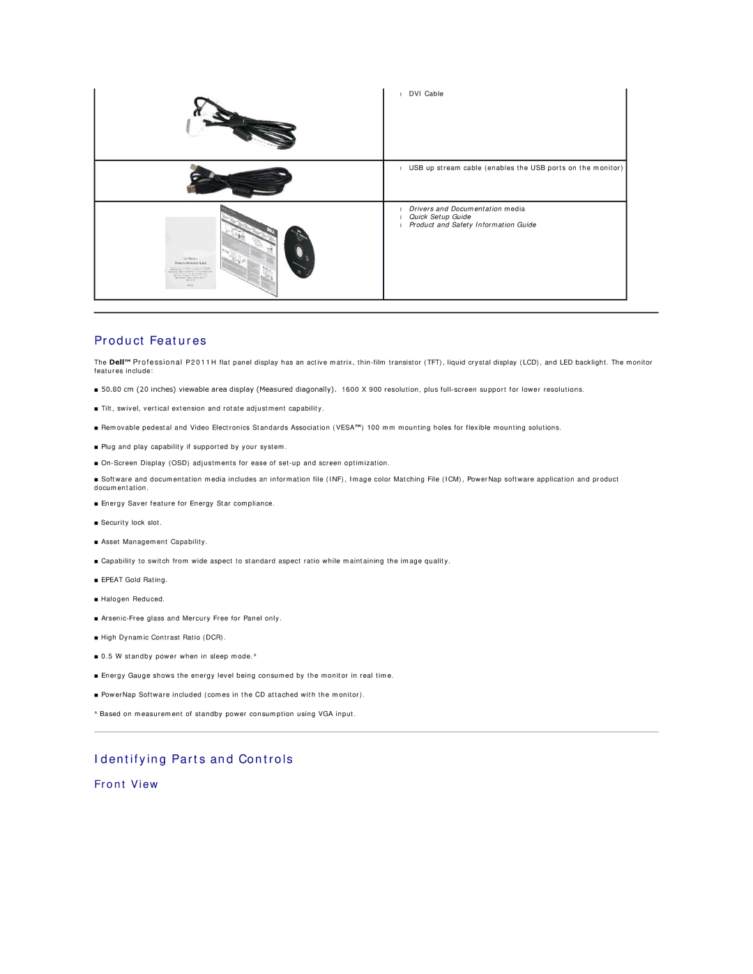 Dell P2011H appendix Product Features, Identifying Parts and Controls, Front View 