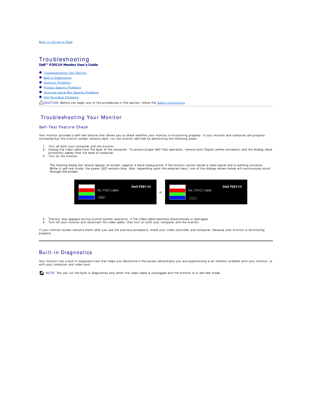 Dell P2011H appendix Troubleshooting Your Monitor, Built-in Diagnostics 