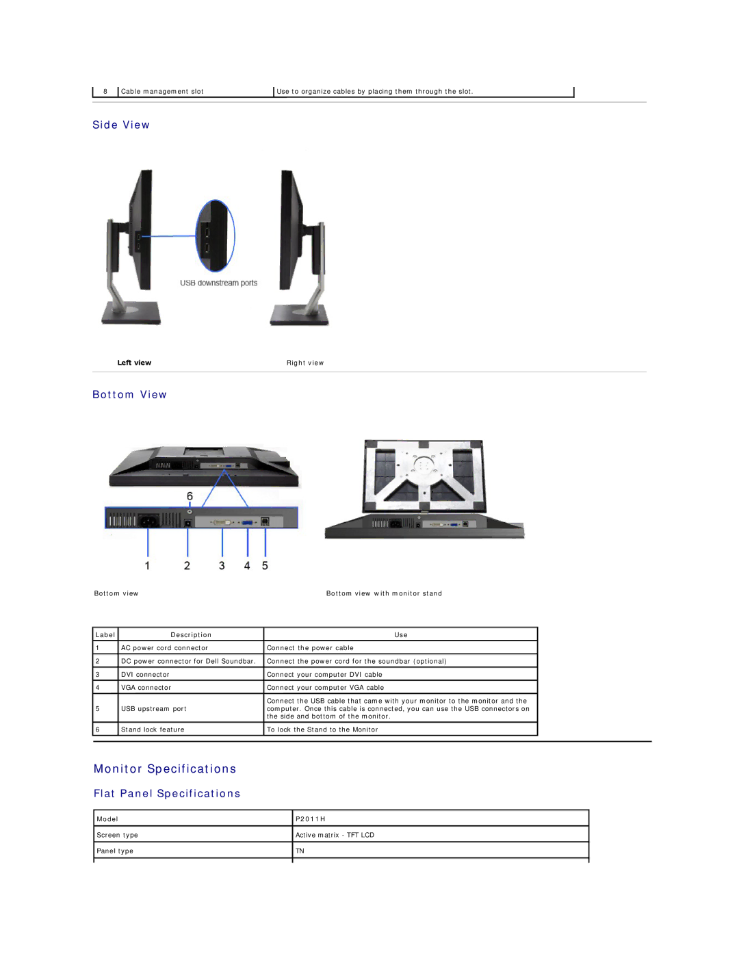 Dell P2011H appendix Monitor Specifications, Side View, Bottom View, Flat Panel Specifications 