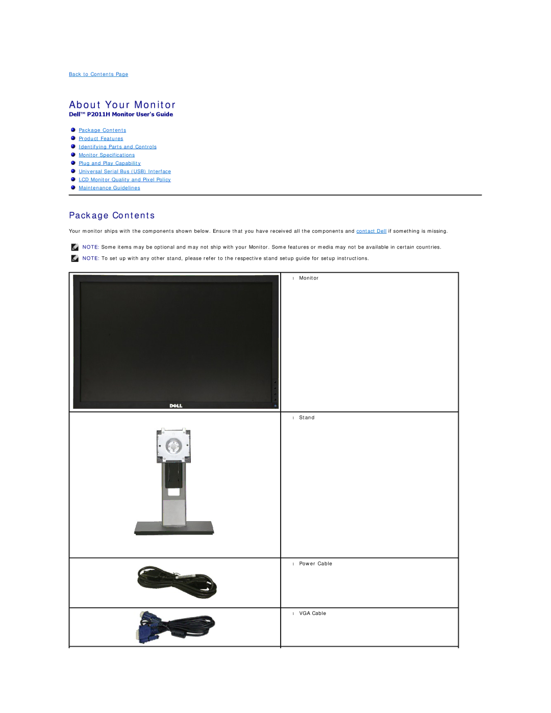 Dell P2011Ht appendix About Your Monitor, Package Contents 