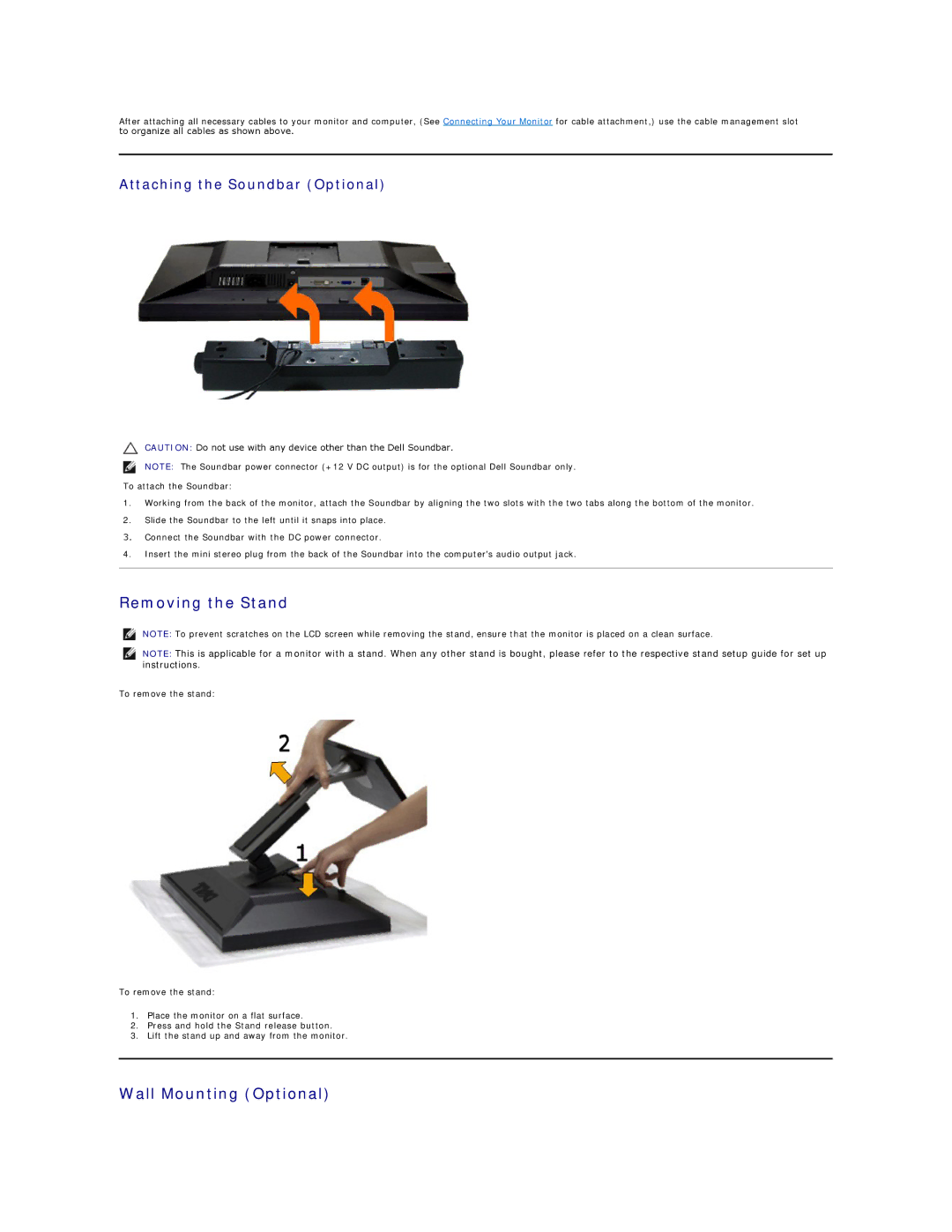 Dell P2011Ht appendix Removing the Stand, Wall Mounting Optional, Attaching the Soundbar Optional 