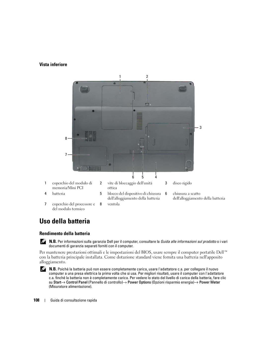 Dell P21L, JD925 manual Uso della batteria, Vista inferiore, Rendimento della batteria, 108 