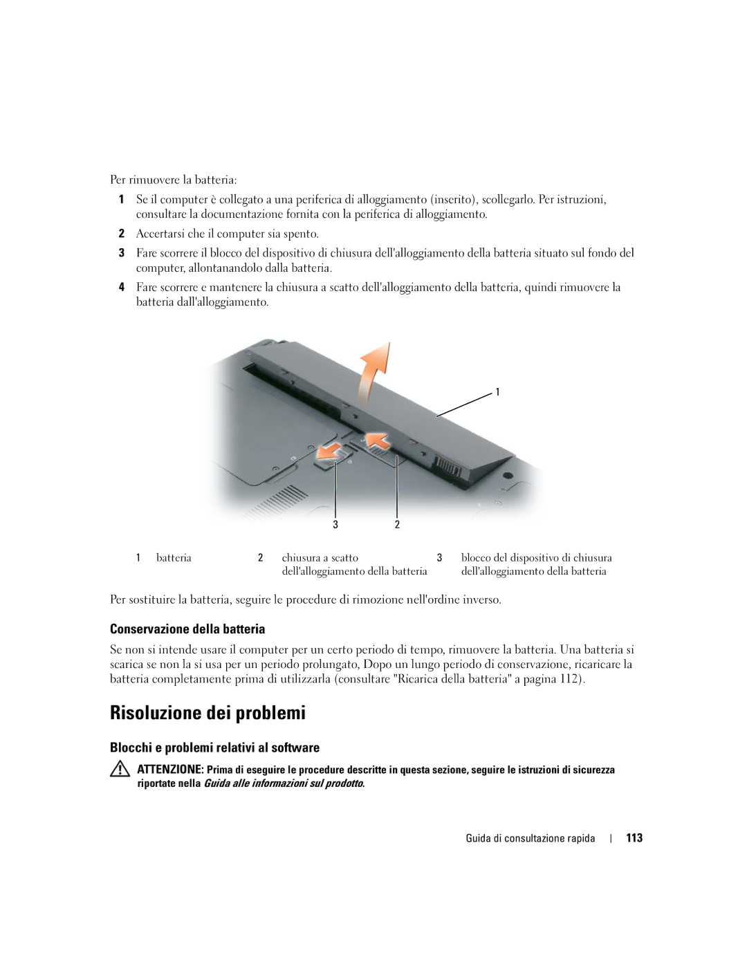 Dell JD925, P21L manual Risoluzione dei problemi, Conservazione della batteria, Blocchi e problemi relativi al software, 113 