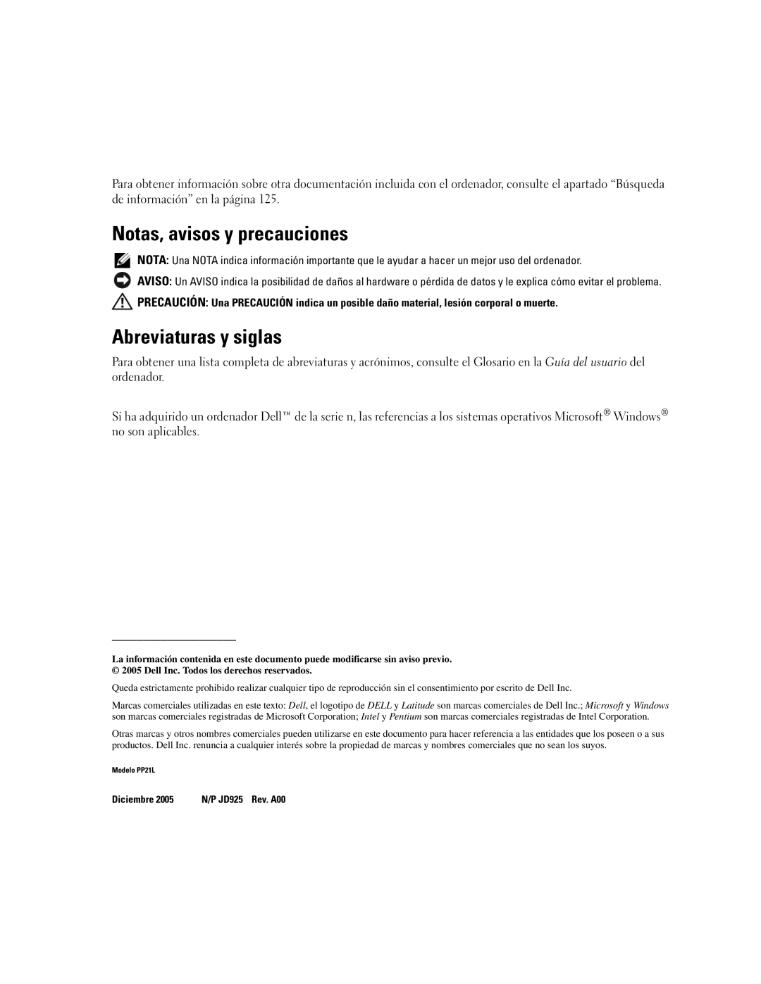 Dell P21L, JD925 manual Notas, avisos y precauciones, Abreviaturas y siglas 