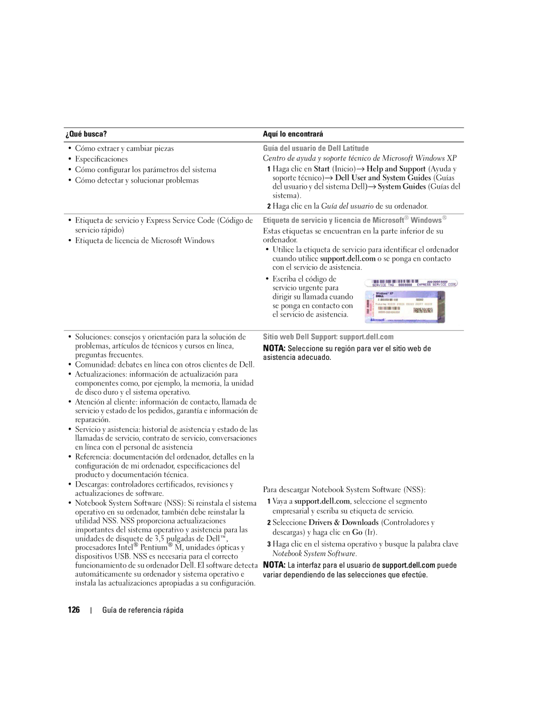 Dell P21L, JD925 manual 126, Guía del usuario de Dell Latitude, Etiqueta de servicio y licencia de Microsoft Windows 