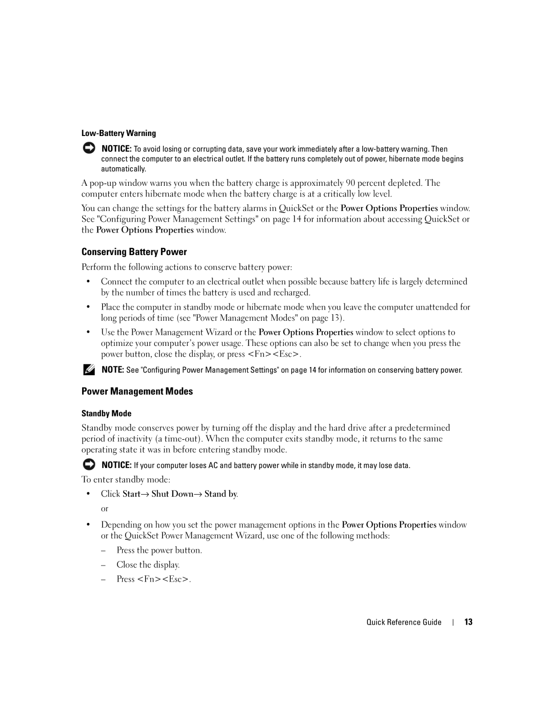 Dell JD925, P21L manual Conserving Battery Power, Power Management Modes, Low-Battery Warning, Standby Mode 