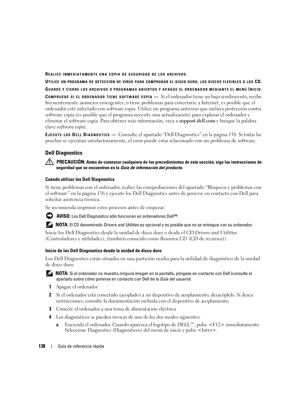 Dell P21L, JD925 manual Cuándo utilizar los Dell Diagnostics, 138 