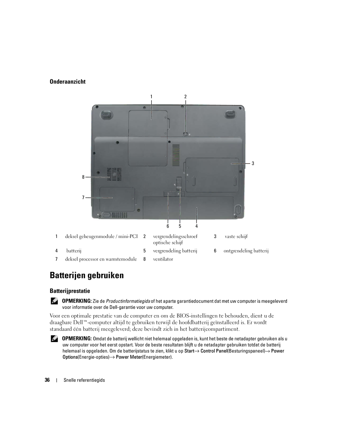 Dell P21L, JD925 manual Batterijen gebruiken, Onderaanzicht, Batterijprestatie, Ventilator 