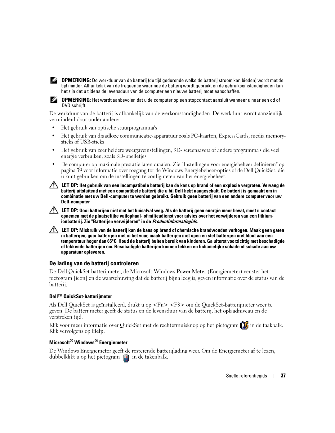 Dell JD925, P21L manual De lading van de batterij controleren, Dell QuickSet-batterijmeter, Microsoft Windows Energiemeter 