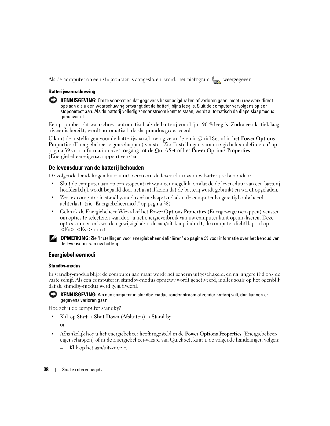 Dell P21L, JD925 manual De levensduur van de batterij behouden, Energiebeheermodi, Batterijwaarschuwing, Standby-modus 