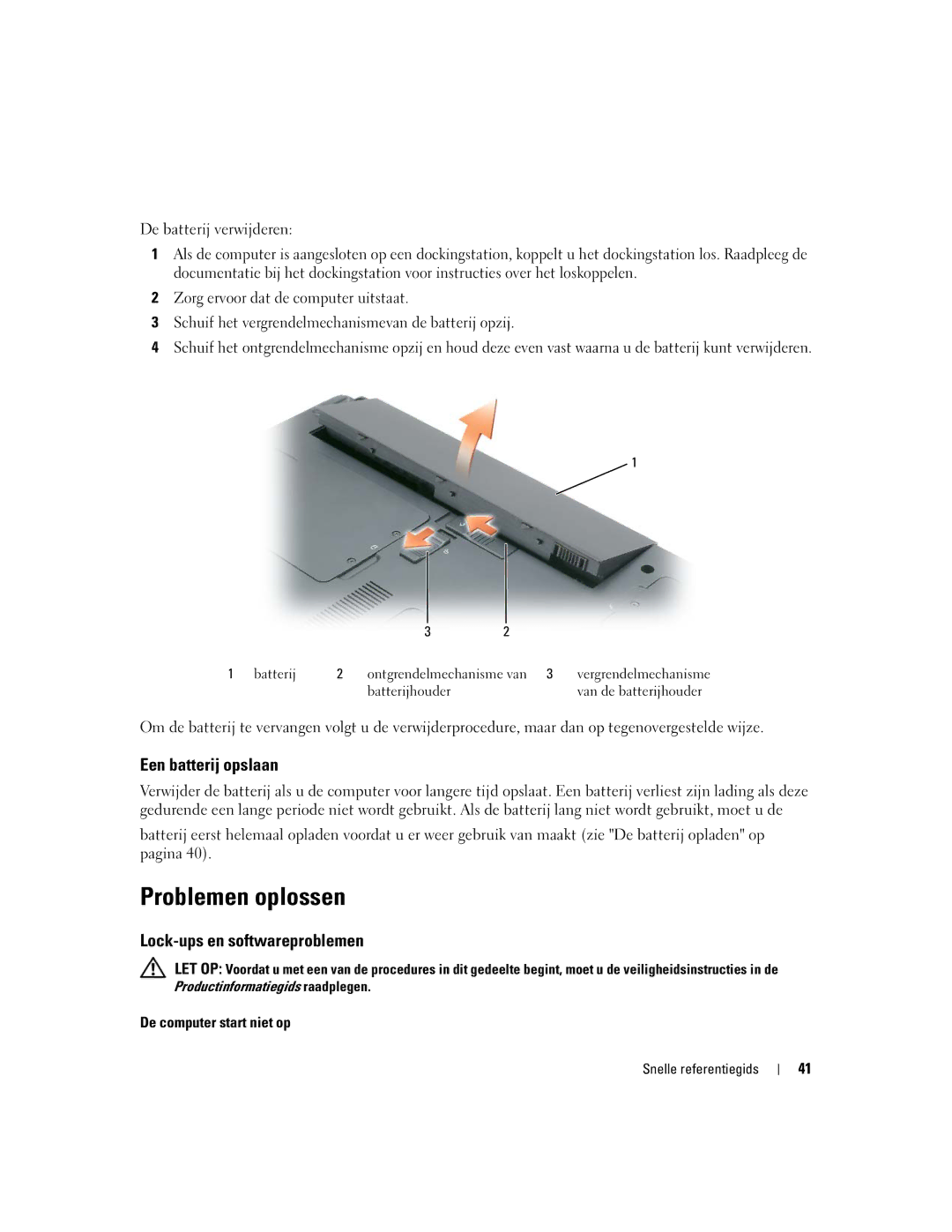 Dell JD925, P21L manual Problemen oplossen, Een batterij opslaan, Lock-ups en softwareproblemen, De computer start niet op 