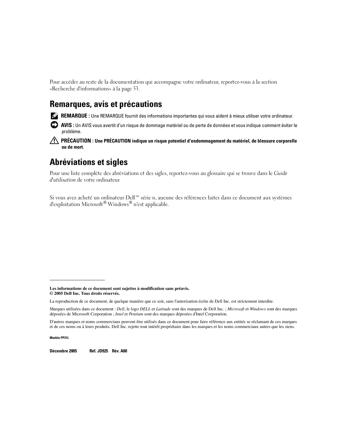 Dell P21L, JD925 manual Remarques, avis et précautions, Abréviations et sigles 