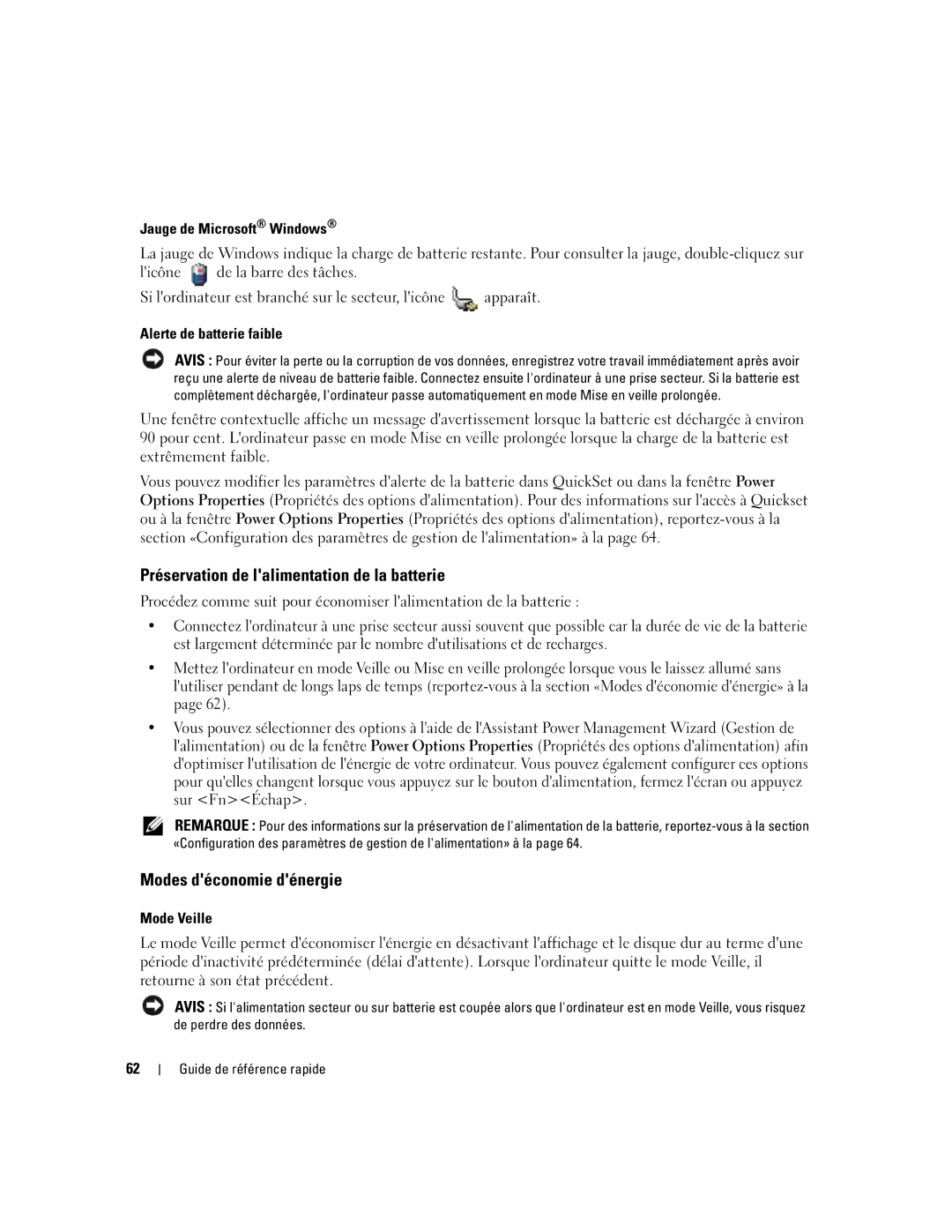 Dell P21L Préservation de lalimentation de la batterie, Modes déconomie dénergie, Jauge de Microsoft Windows, Mode Veille 