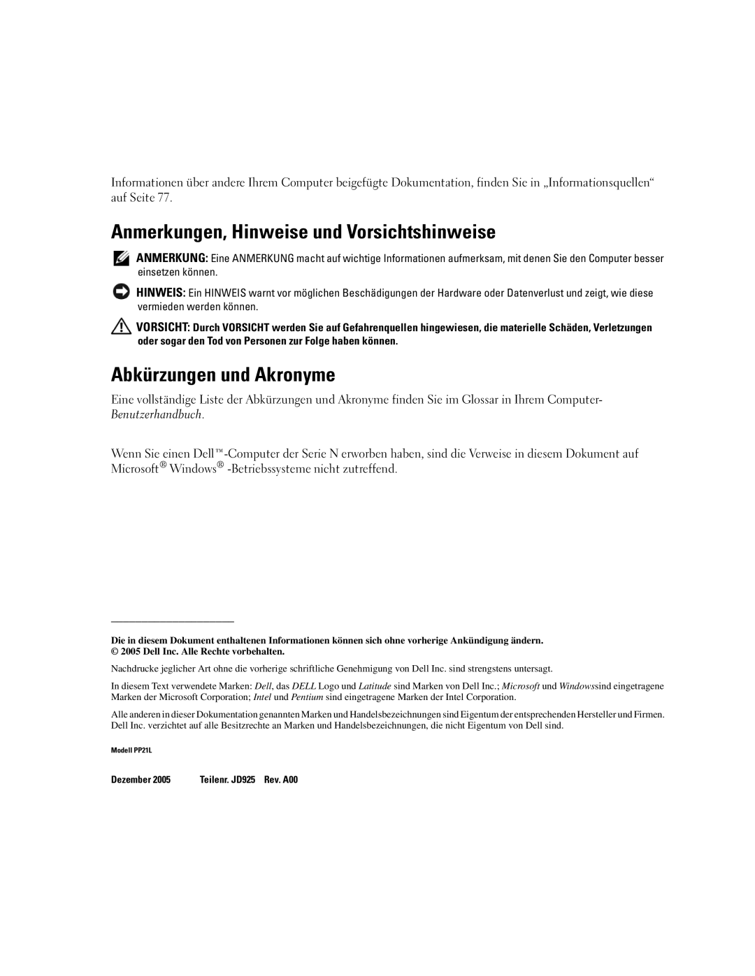 Dell P21L, JD925 manual Anmerkungen, Hinweise und Vorsichtshinweise, Abkürzungen und Akronyme 