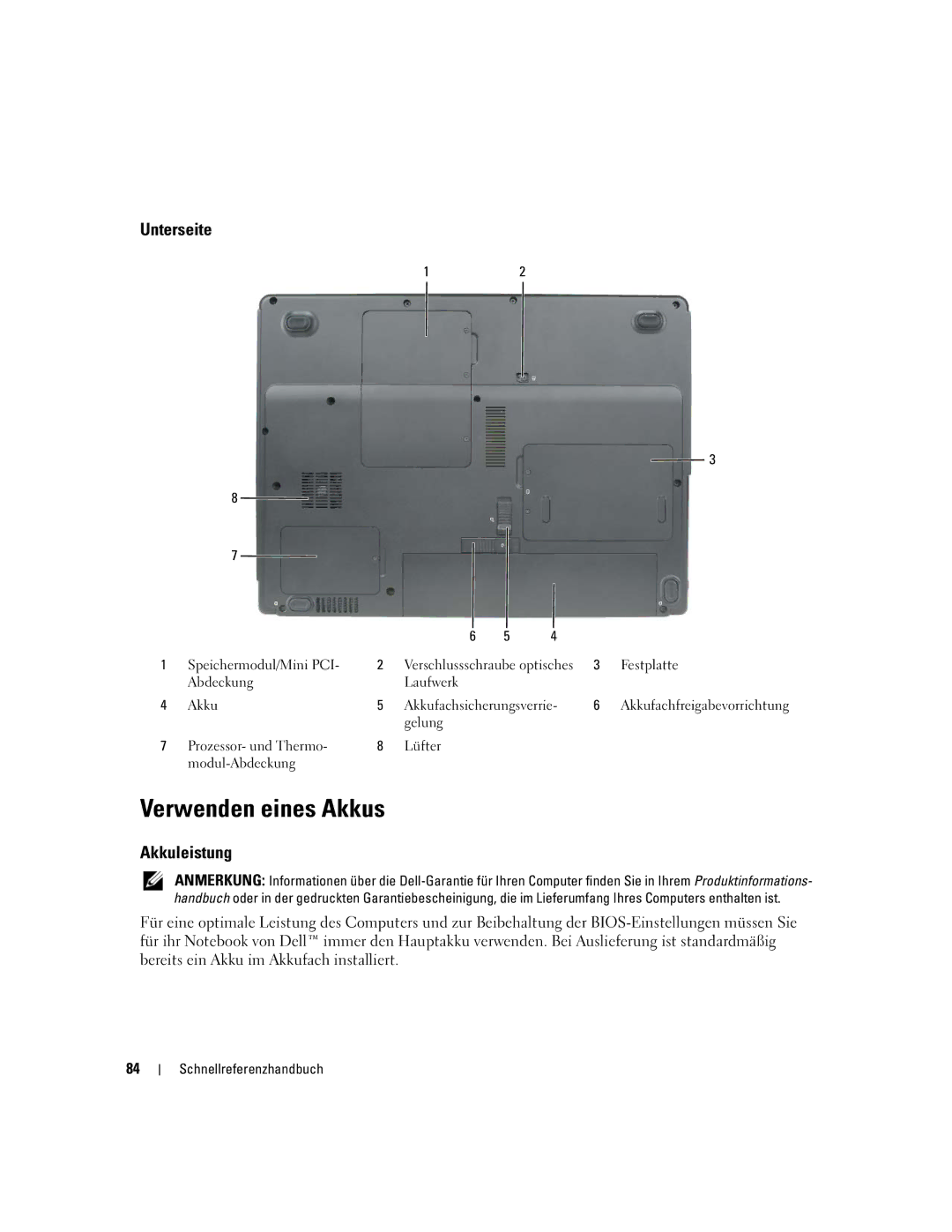 Dell P21L, JD925 manual Verwenden eines Akkus, Unterseite, Akkuleistung 