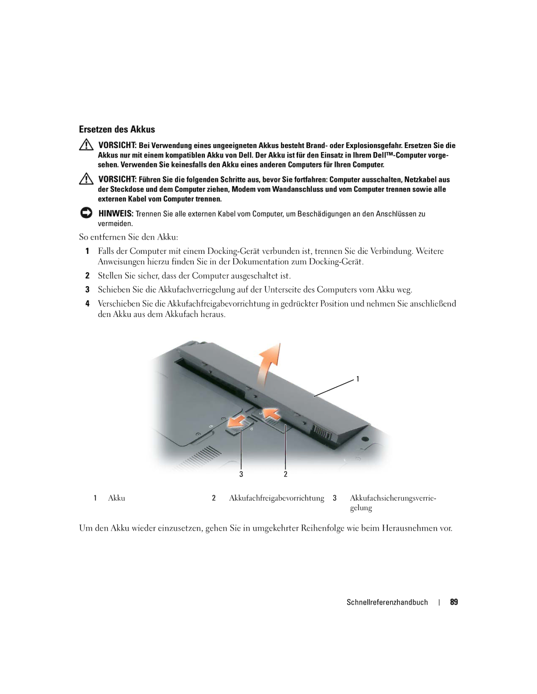 Dell JD925, P21L manual Ersetzen des Akkus, Akku Akkufachfreigabevorrichtung, Gelung 