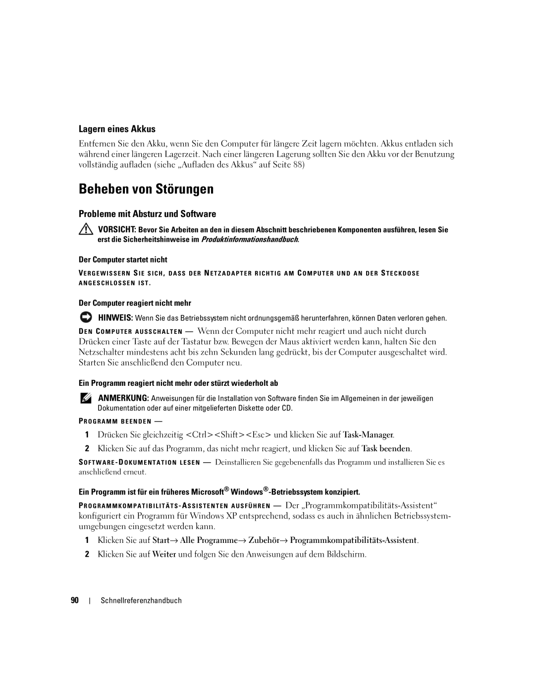 Dell P21L, JD925 manual Beheben von Störungen, Lagern eines Akkus, Probleme mit Absturz und Software 