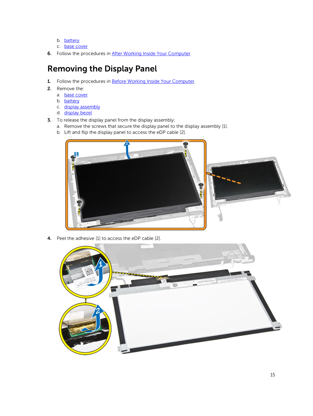 Dell P21T owner manual Removing the Display Panel, Base cover Battery Display assembly Display bezel 