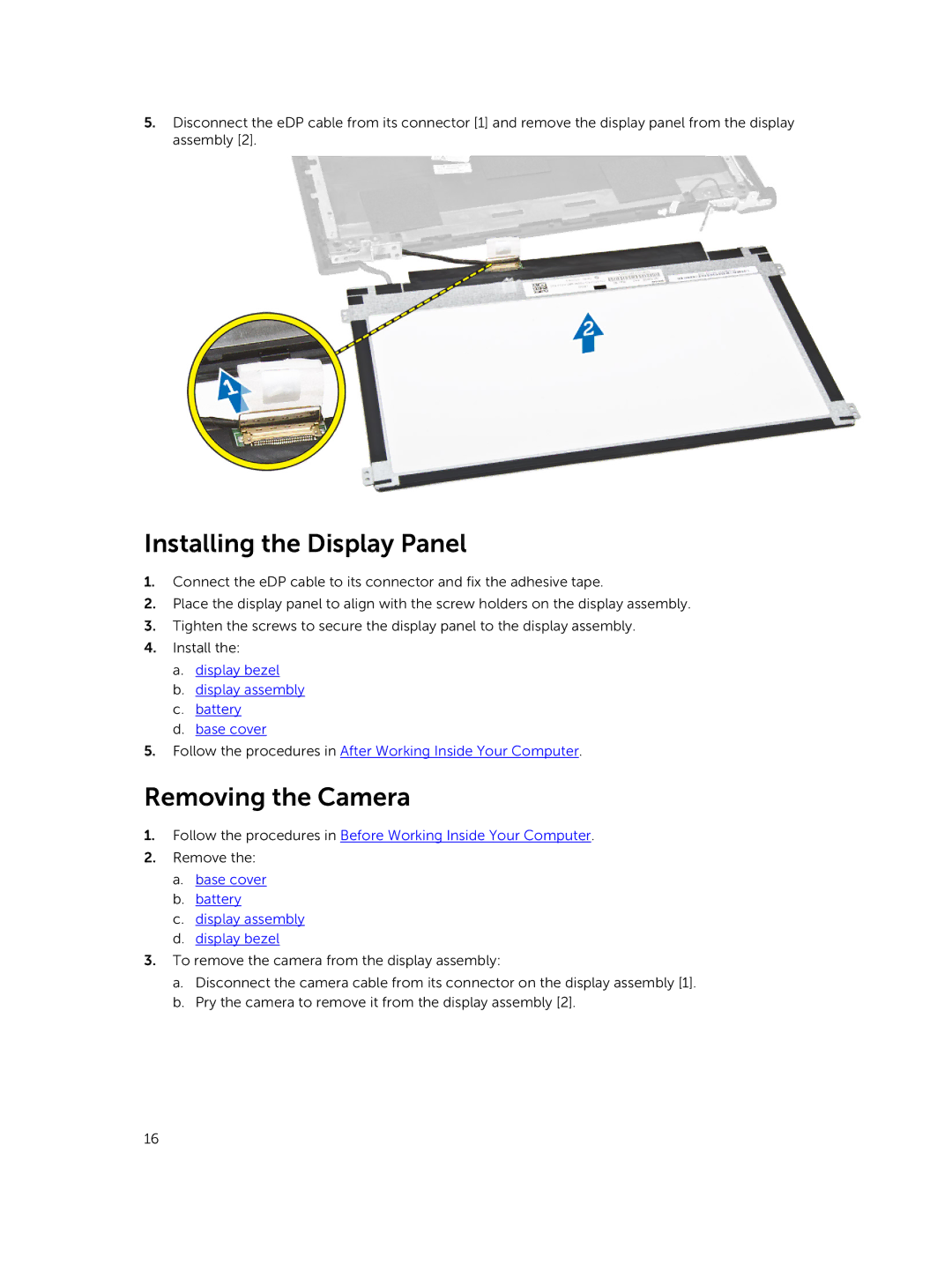 Dell P21T owner manual Installing the Display Panel, Removing the Camera 