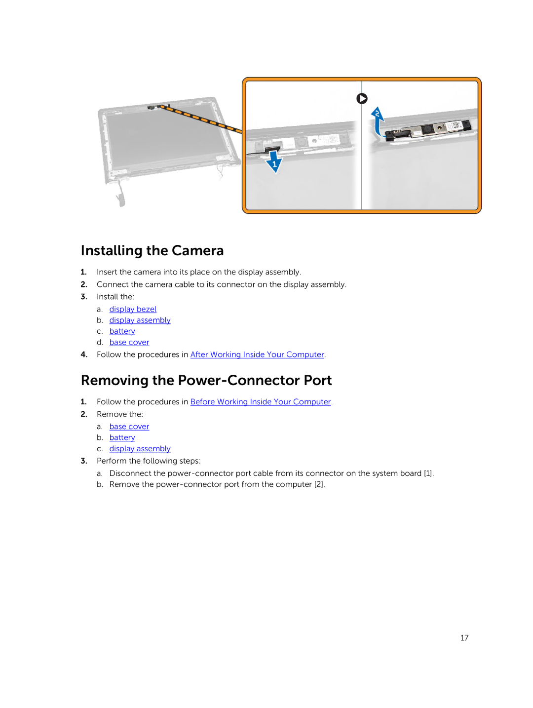 Dell P21T owner manual Installing the Camera, Removing the Power-Connector Port 