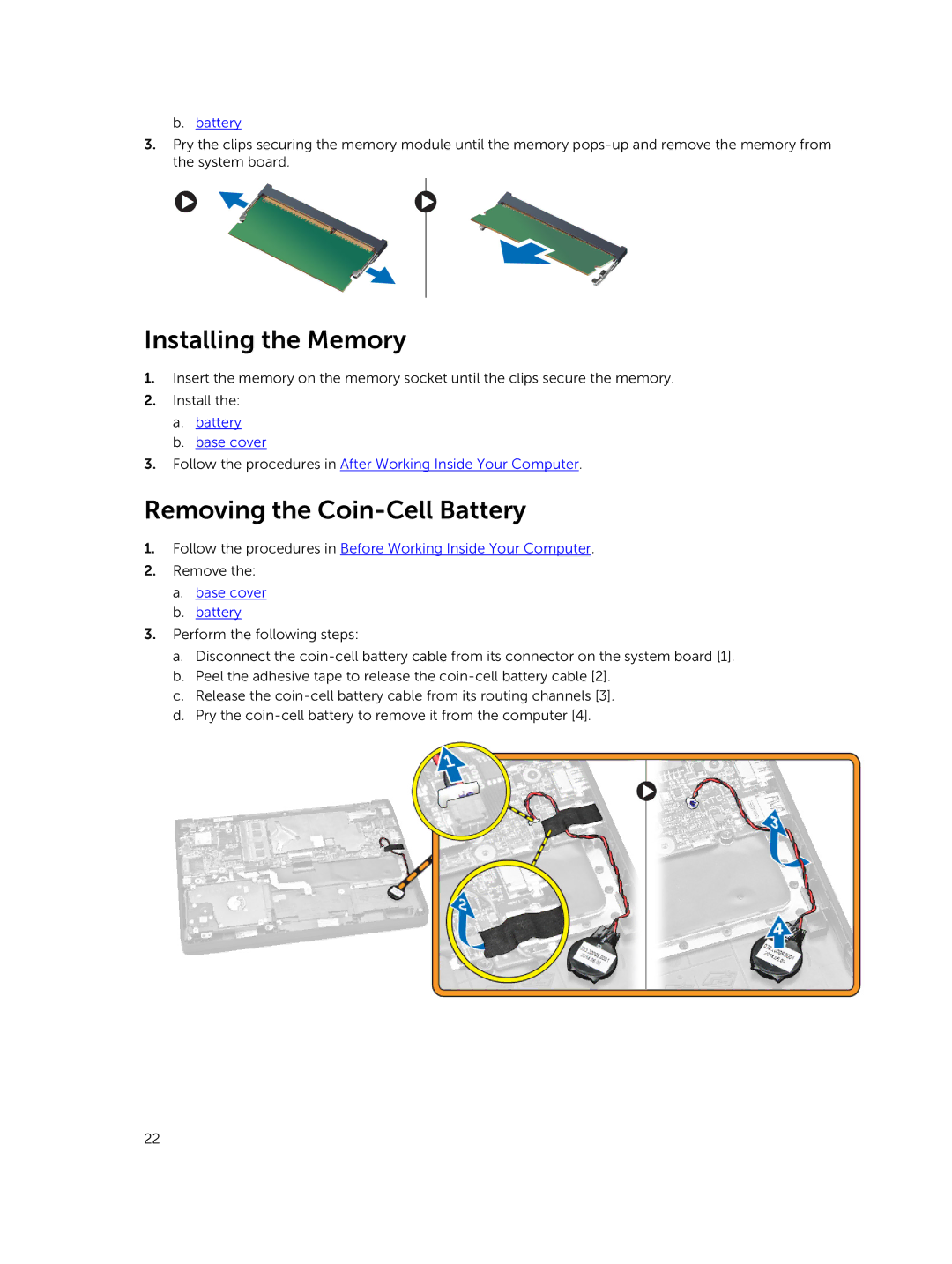 Dell P21T owner manual Installing the Memory, Removing the Coin-Cell Battery 