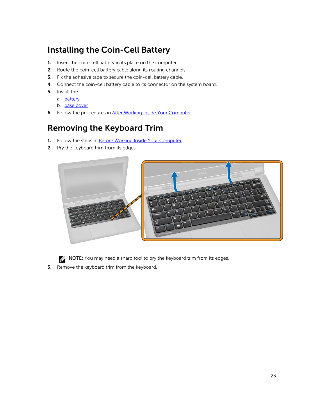 Dell P21T owner manual Installing the Coin-Cell Battery, Removing the Keyboard Trim 