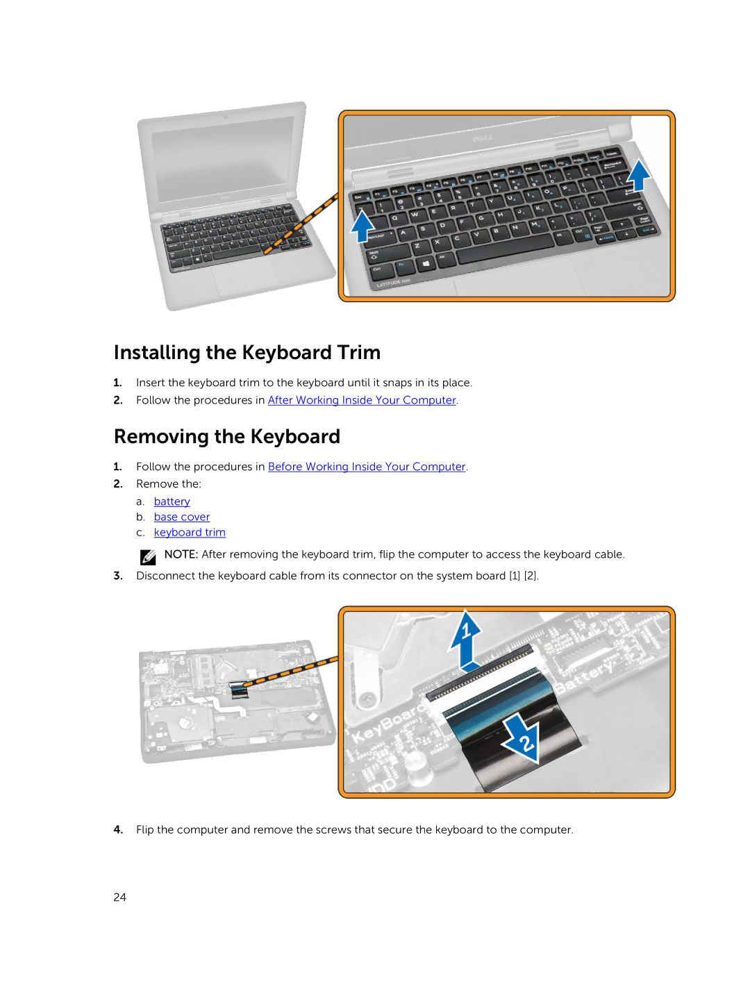 Dell P21T owner manual Installing the Keyboard Trim, Removing the Keyboard, Battery Base cover Keyboard trim 