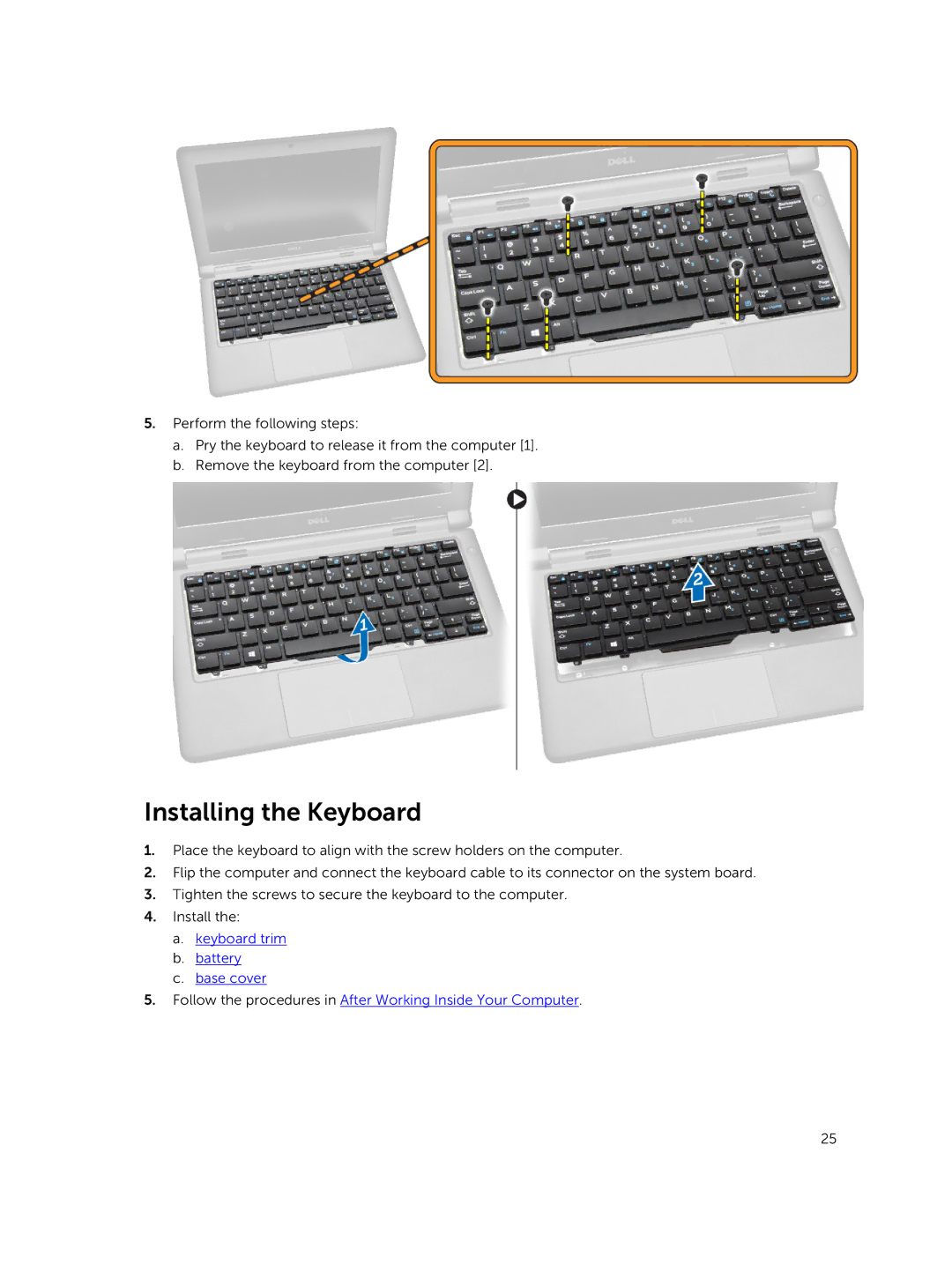 Dell P21T owner manual Installing the Keyboard 