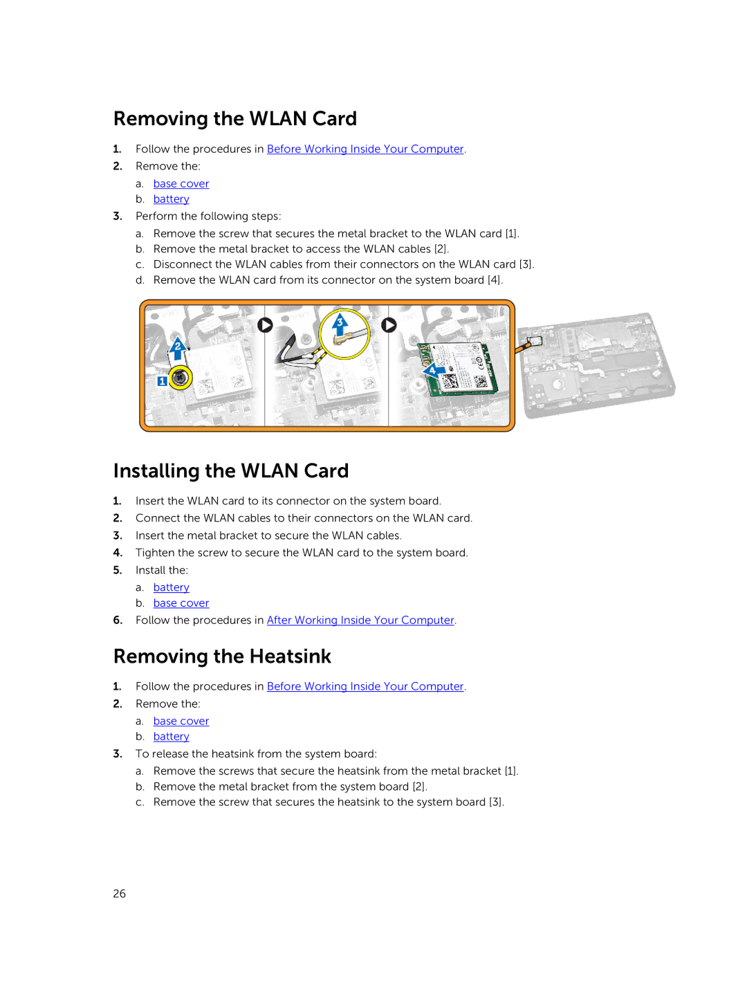 Dell P21T owner manual Removing the Wlan Card, Installing the Wlan Card, Removing the Heatsink 