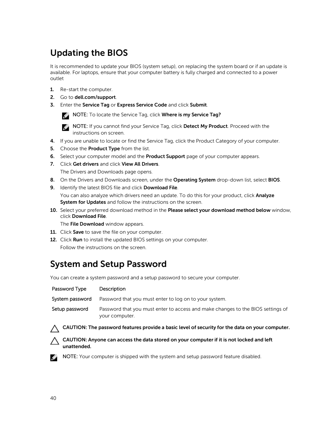 Dell P21T owner manual Updating the Bios, System and Setup Password 