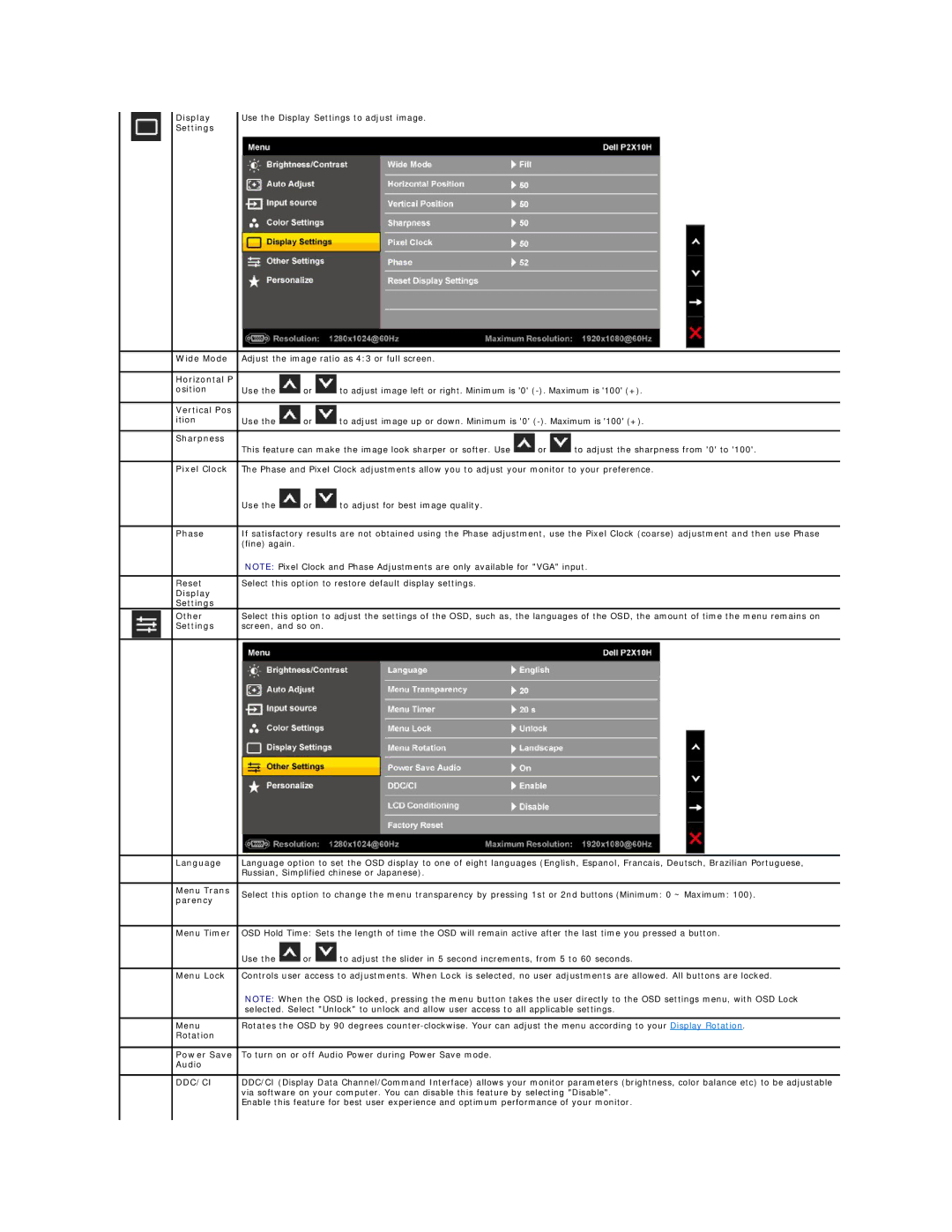 Dell P221-OH Display Use the Display Settings to adjust image Wide Mode, Horizontal P Osition, Vertical Pos Ition, Phase 