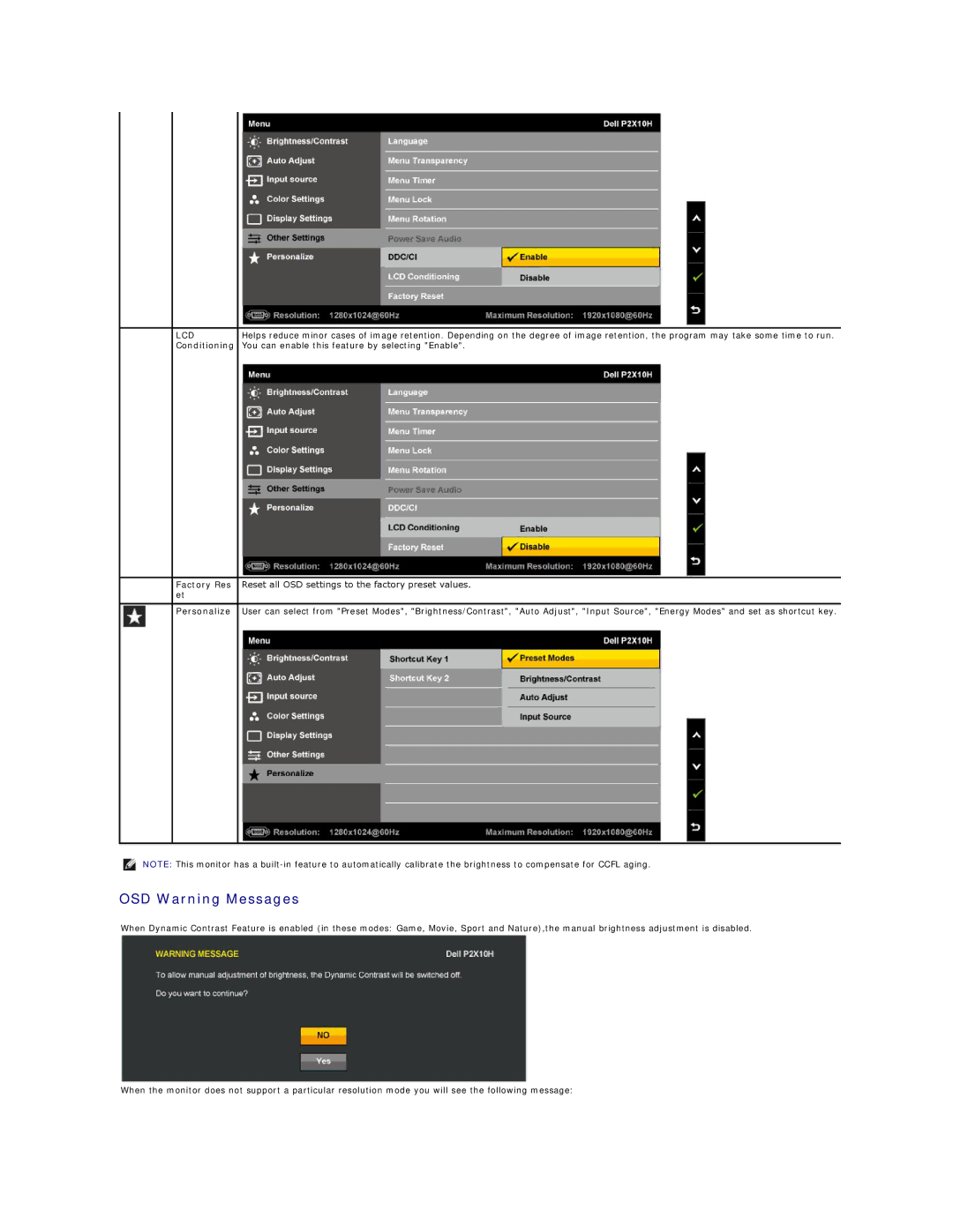 Dell P221-OH appendix OSD Warning Messages, LCD Conditioning 