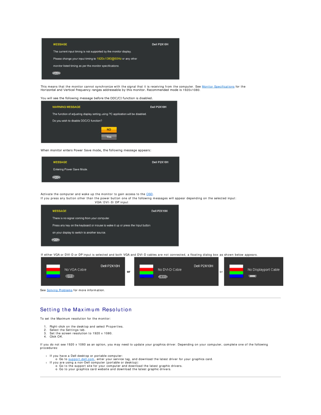 Dell P221-OH appendix Setting the Maximum Resolution, VGA/DVI-D/DP input 