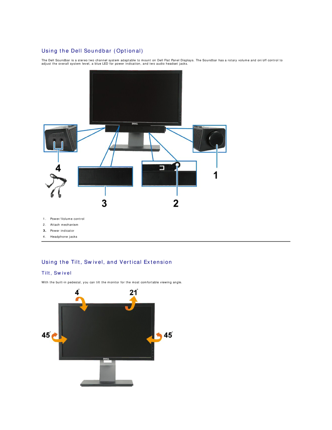 Dell P221-OH appendix Using the Dell Soundbar Optional, Using the Tilt, Swivel, and Vertical Extension 