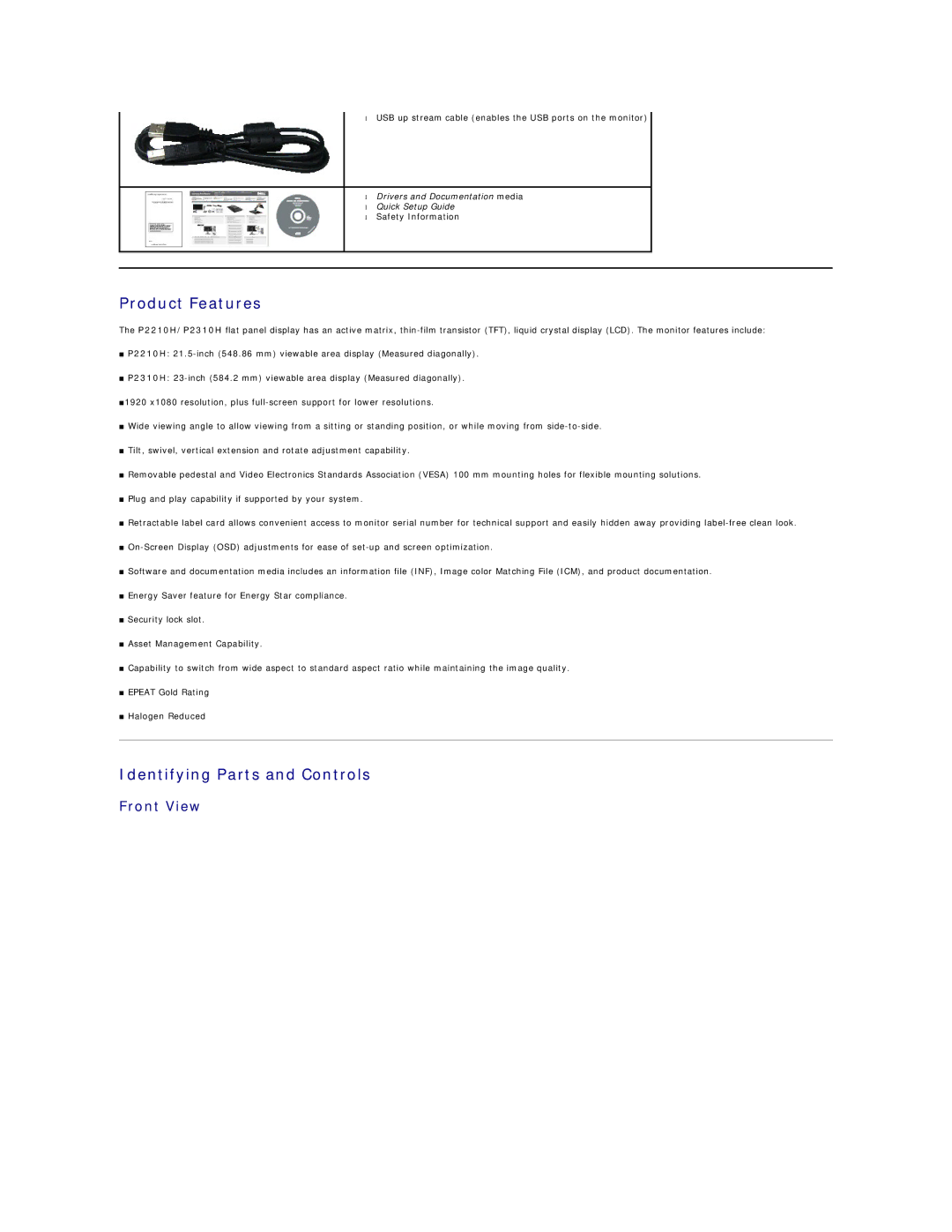 Dell P221-OH appendix Product Features, Identifying Parts and Controls, Front View 