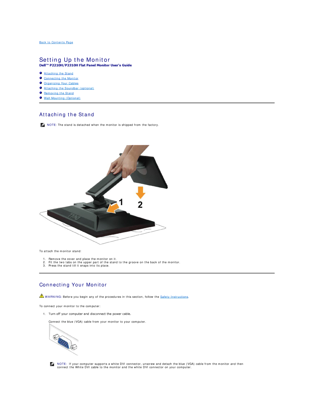 Dell P221-OH appendix Setting Up the Monitor, Attaching the Stand, Connecting Your Monitor 