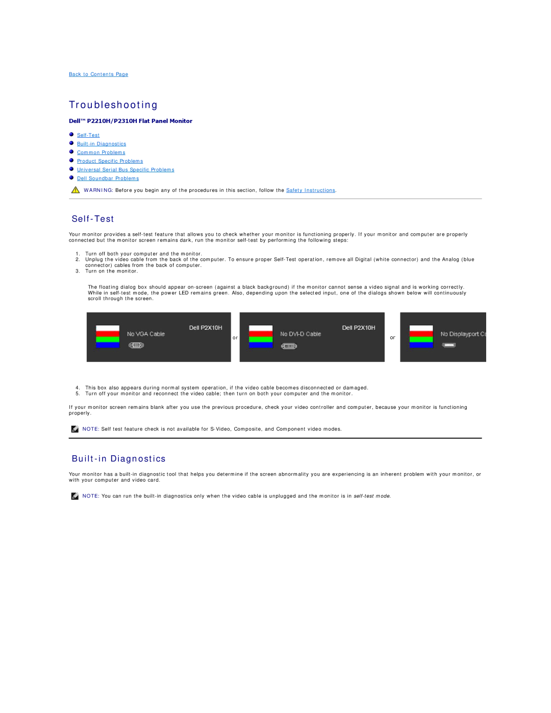 Dell P221-OH appendix Troubleshooting, Self-Test, Built-in Diagnostics 