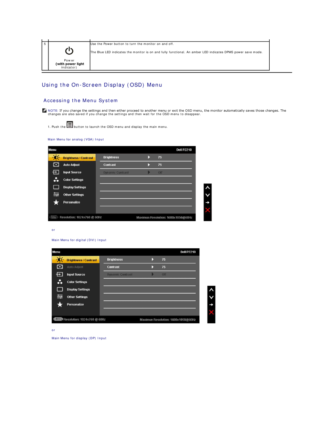 Dell P2210 appendix Using the On-Screen Display OSD Menu, Accessing the Menu System 