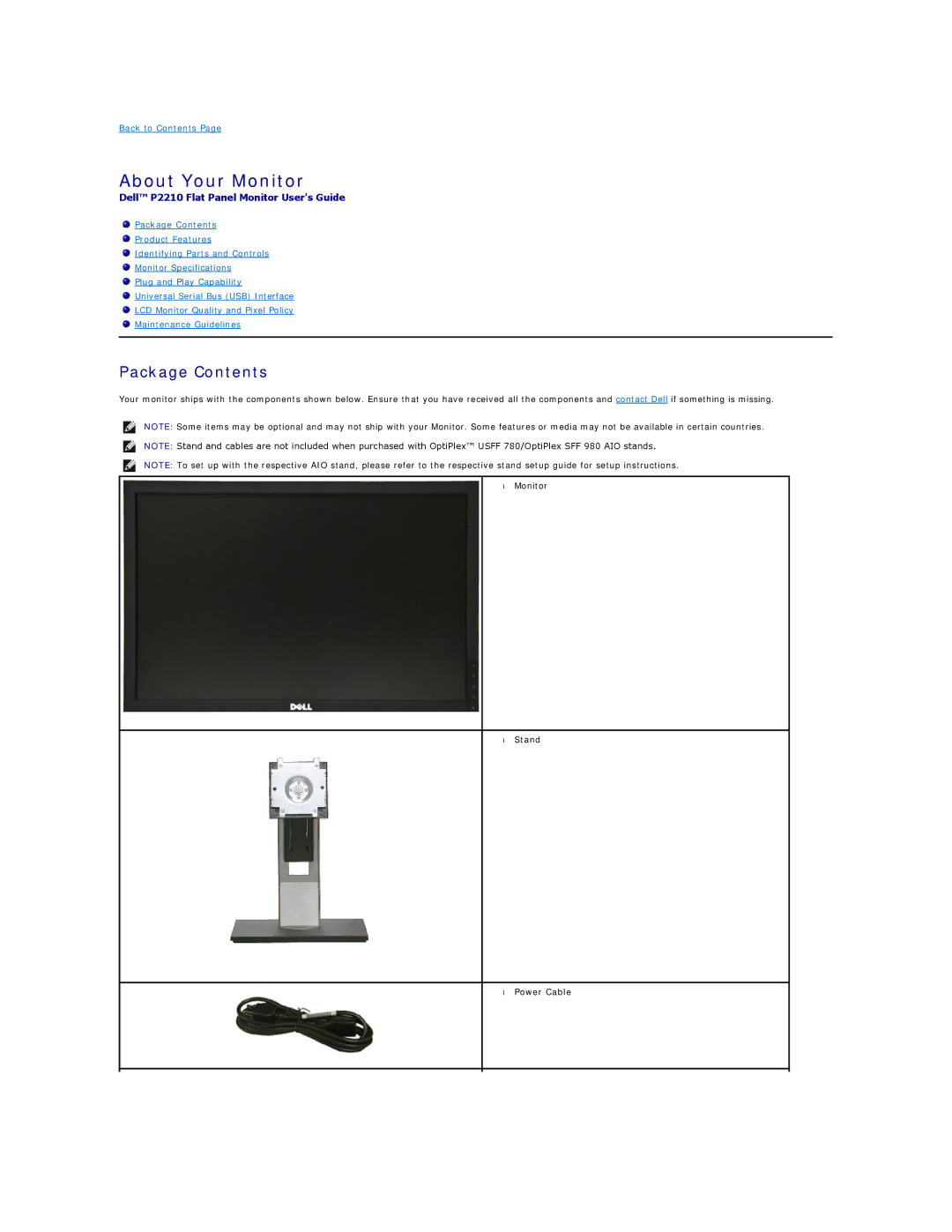 Dell P2210 appendix About Your Monitor, Package Contents 