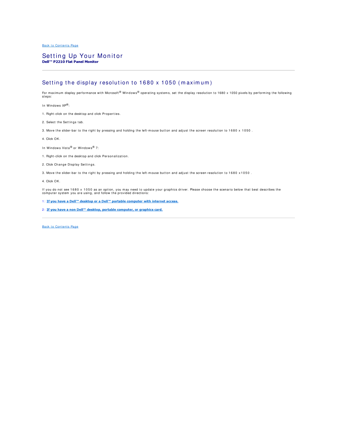 Dell P2210 appendix Setting the display resolution to 1680 x 1050 maximum, Click Change Display Settings 