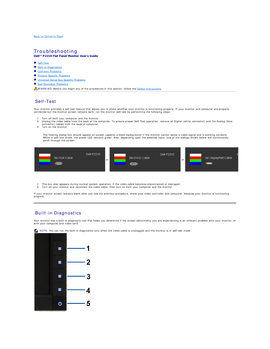 Dell P2210 appendix Troubleshooting, Self-Test, Built-in Diagnostics 