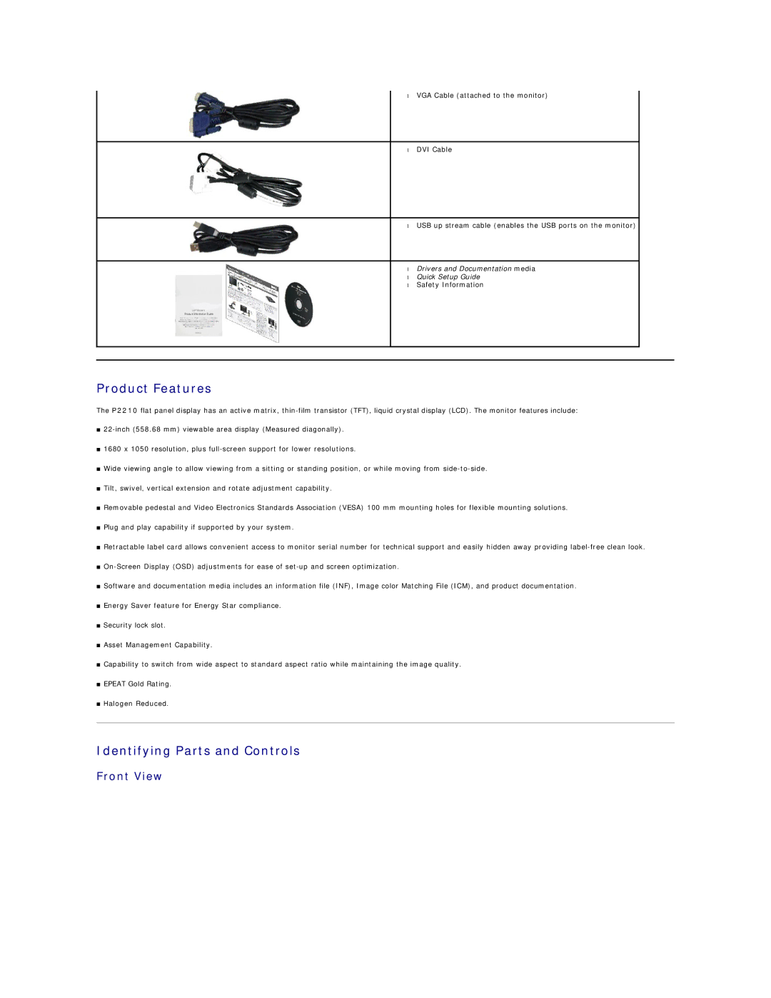 Dell P2210 appendix Product Features, Identifying Parts and Controls, Front View 