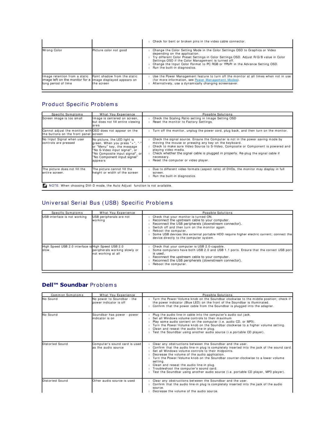 Dell P2210 appendix Product Specific Problems, Universal Serial Bus USB Specific Problems, Dell Soundbar Problems 