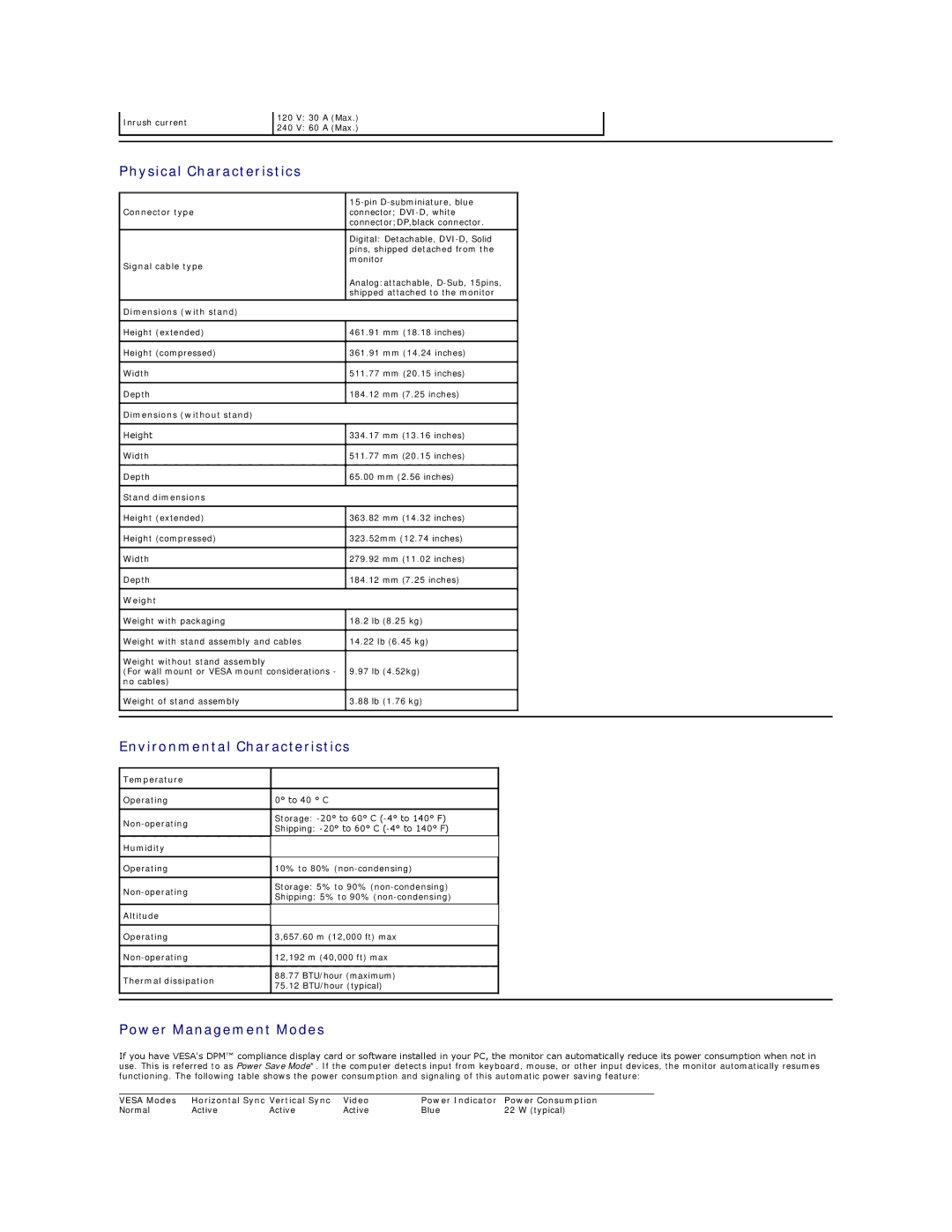 Dell P2210 appendix Physical Characteristics, Environmental Characteristics, Power Management Modes 